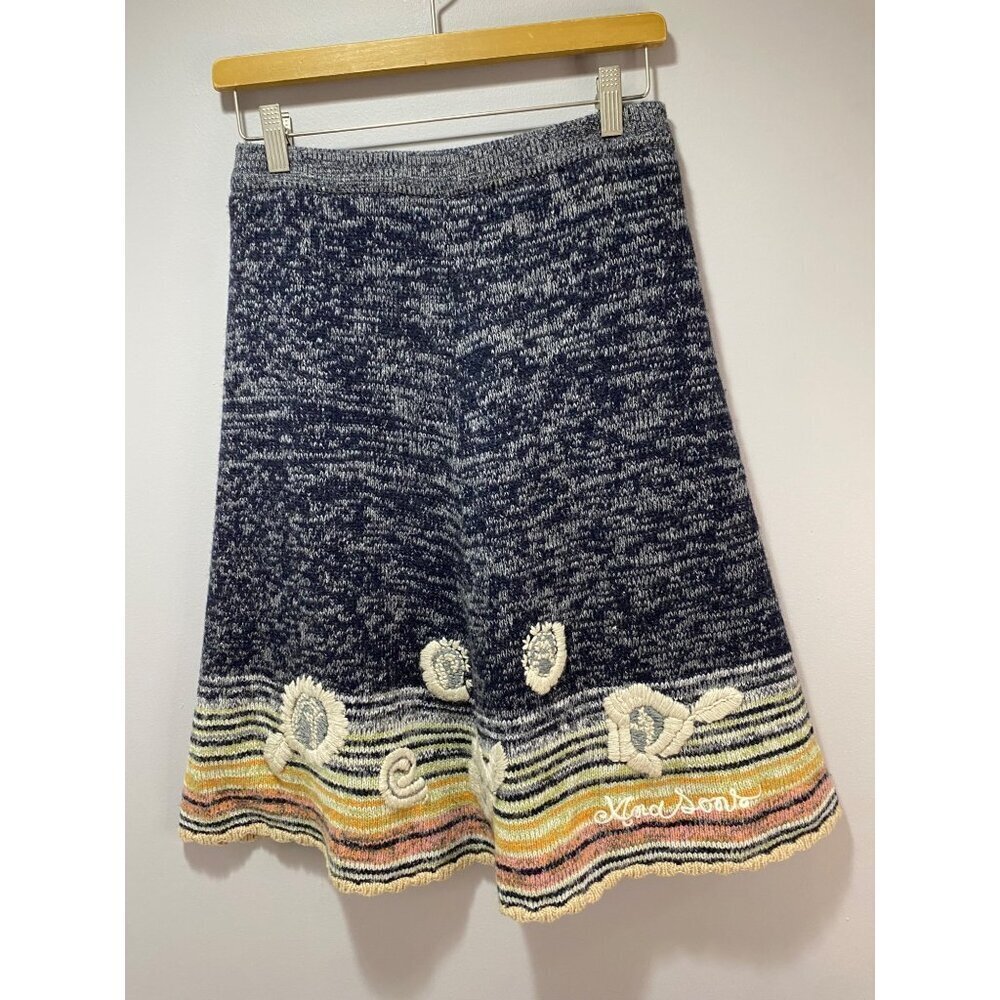 Vintage Embroidered Flower Knit Skirt Women's Size XL Artsy Striped Hem A-line
